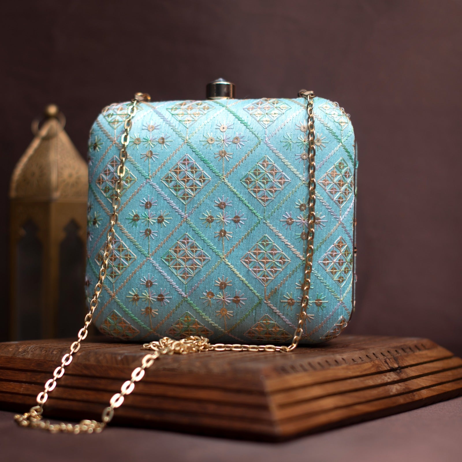 Artklim Light Blue Embroidery Party Clutch