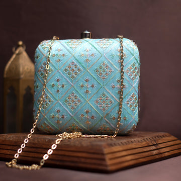 Artklim Light Blue Embroidery Party Clutch