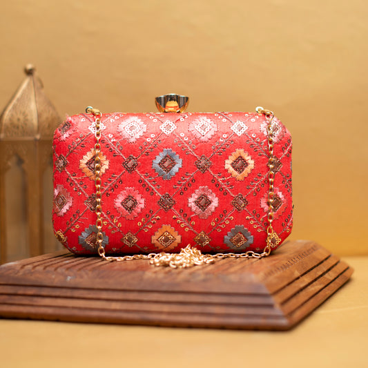 Red Sequins Rectangle Embroidery Clutch