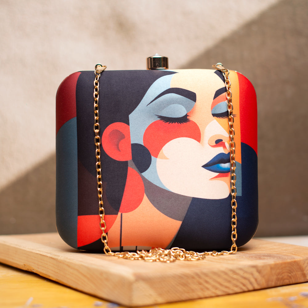 Multicolour Women Portrait Printed Clutch