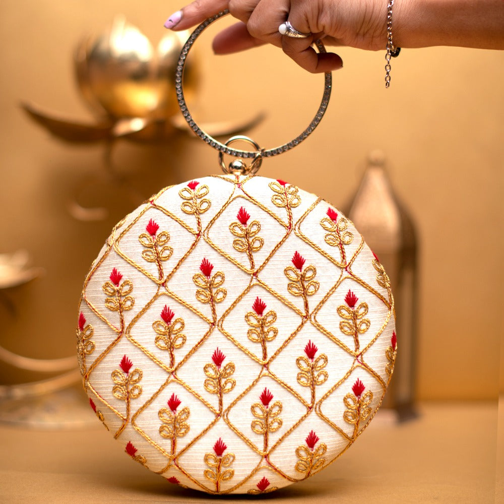 Golden Embroidery Round Wedding Clutch