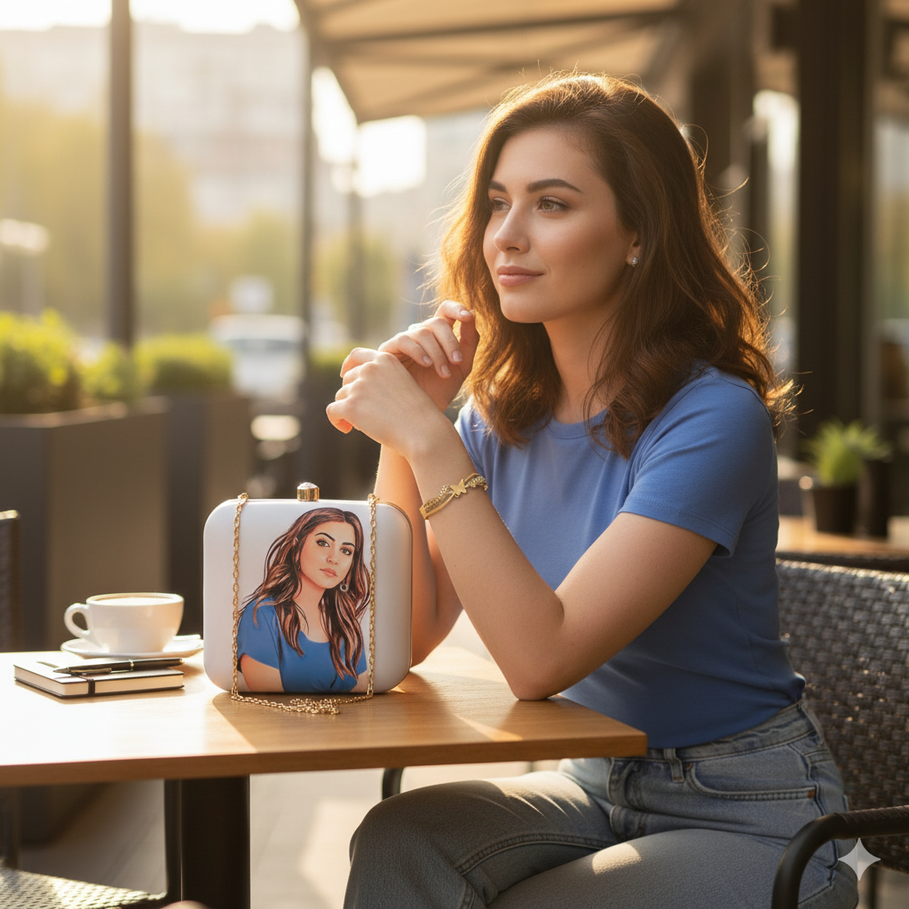 Valentine Special Combo: Personalized Portrait Caricature Clutch & Gold-Plated Butterfly Bangle