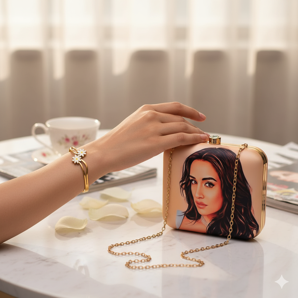 Valentine Special Combo: Personalised Caricature Clutch Bag & Gold-Plated Floral Charm Bracelet