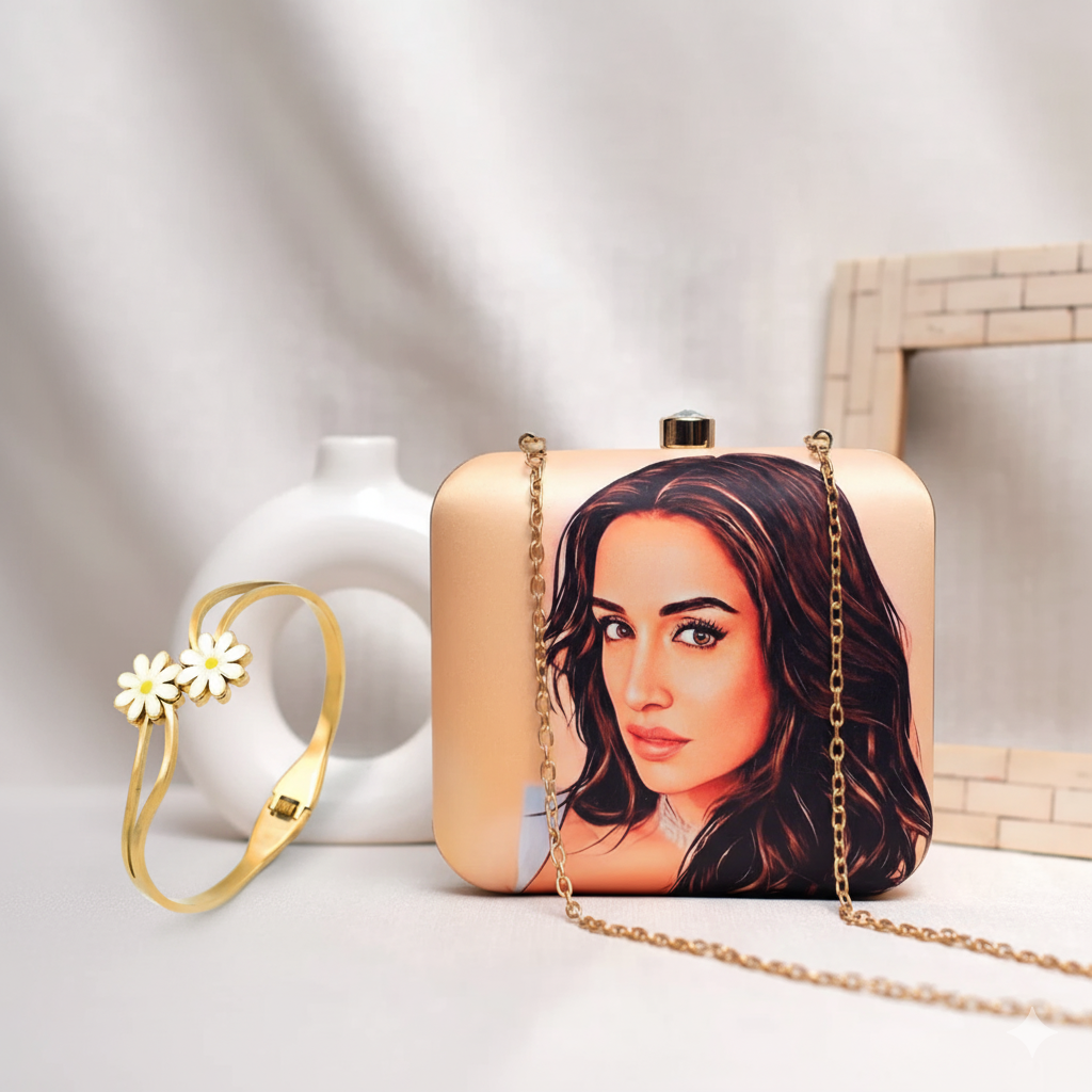 Valentine Special Combo: Personalised Caricature Clutch Bag & Gold-Plated Floral Charm Bracelet