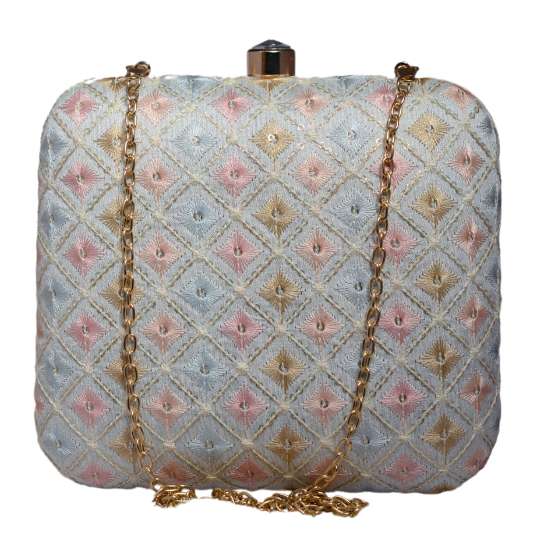 White Multicolor Threadwork Embroidery Clutch