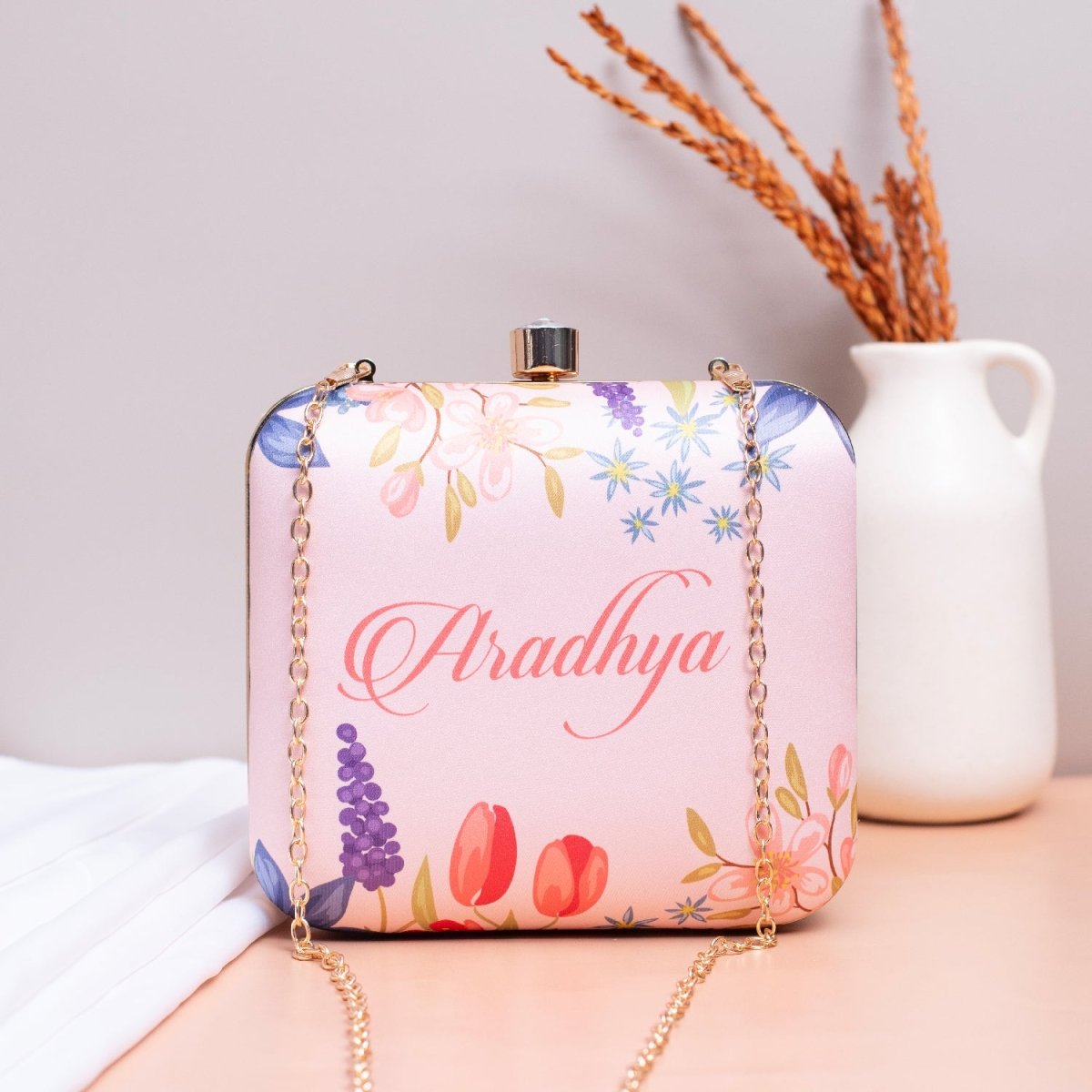Pink Floral Printed Name Customised Clutch