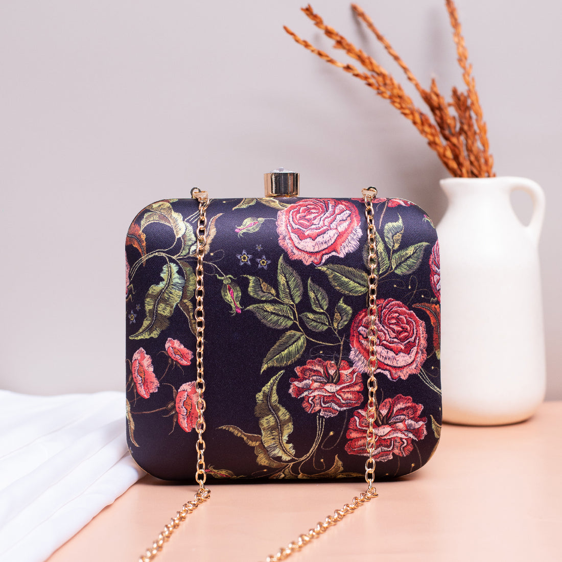 Black Floral Printed Name Customised Clutch