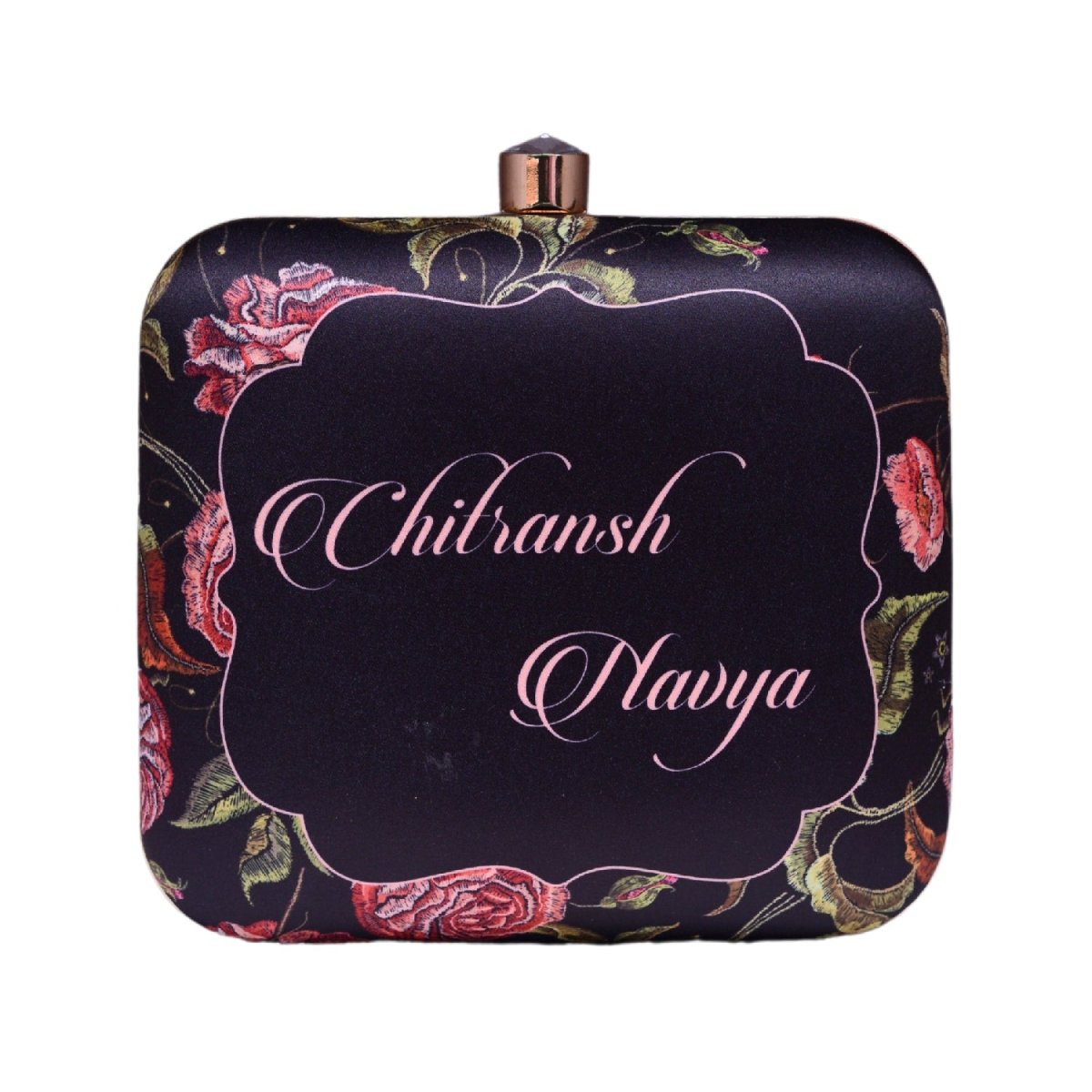 Black Floral Printed Name Customised Clutch