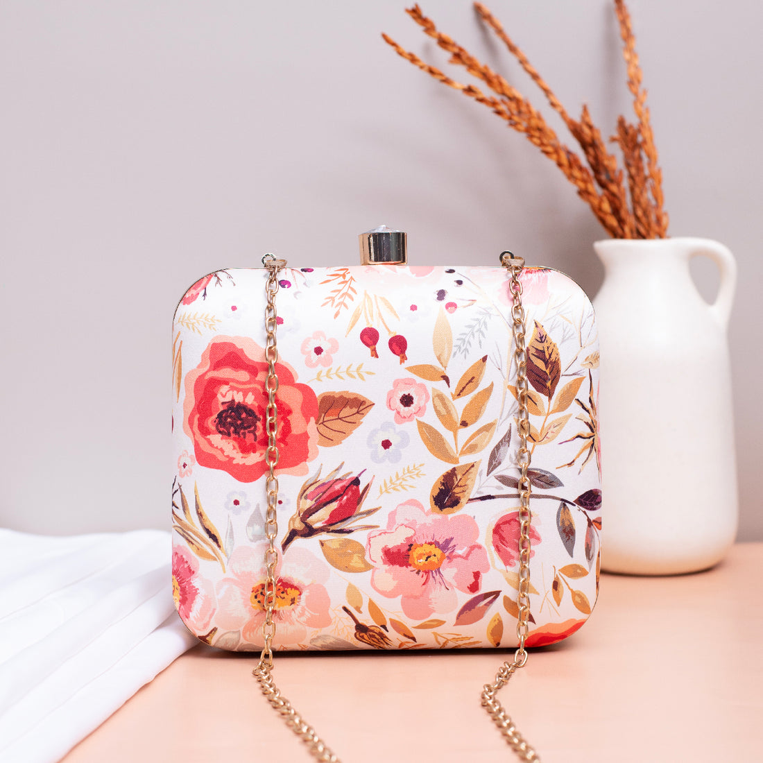 White Floral Printed Name Customised Clutch