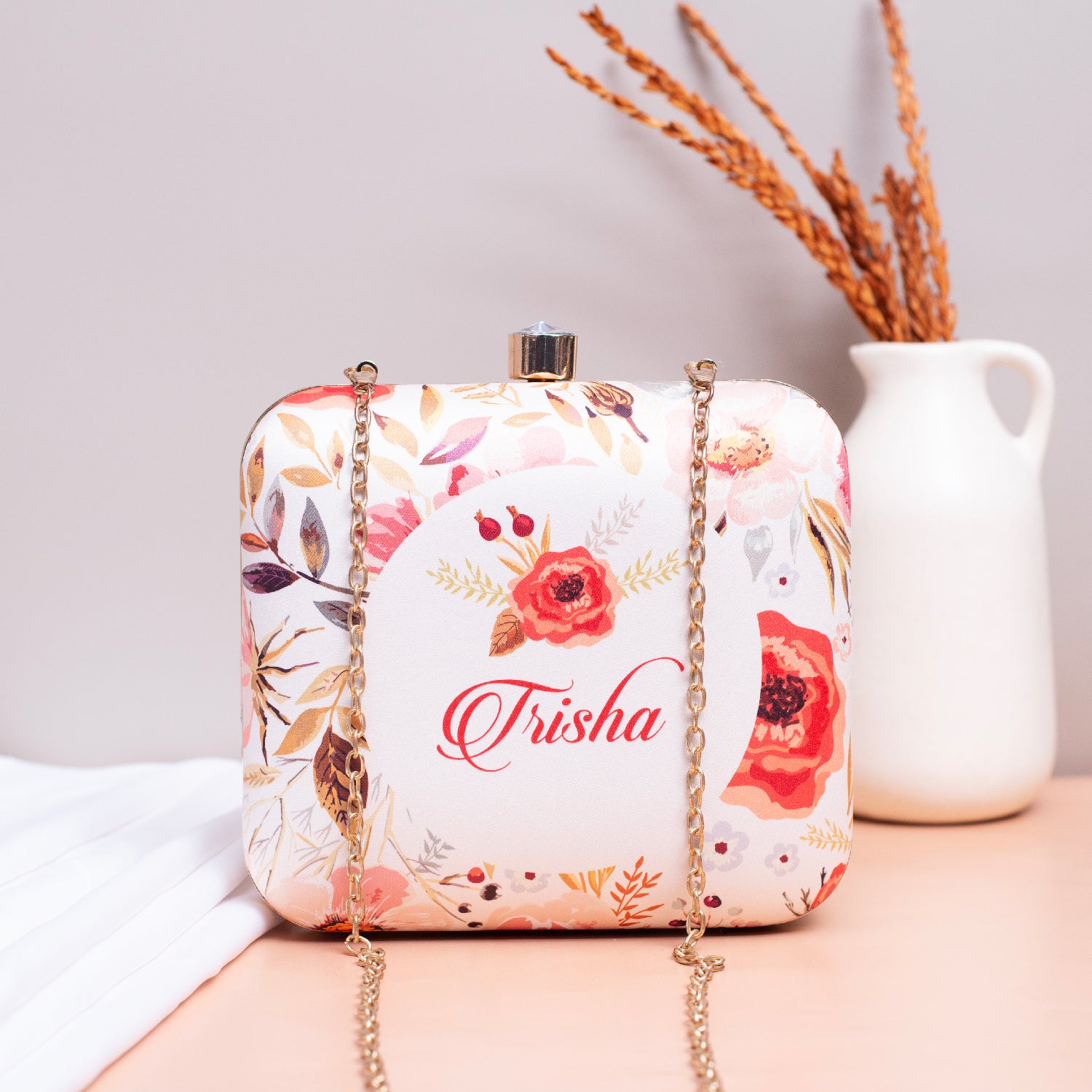 White Floral Printed Name Customised Clutch