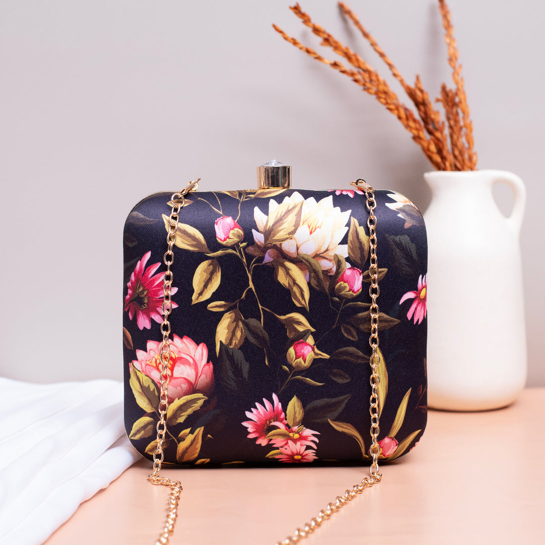 Black Leaf And Floral Printed Name Customised Clutch