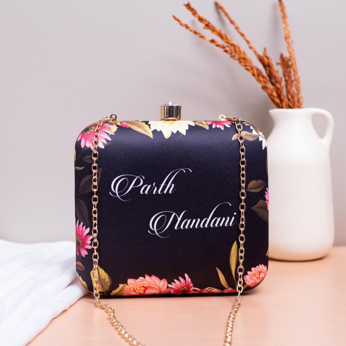 Black Leaf And Floral Printed Name Customised Clutch