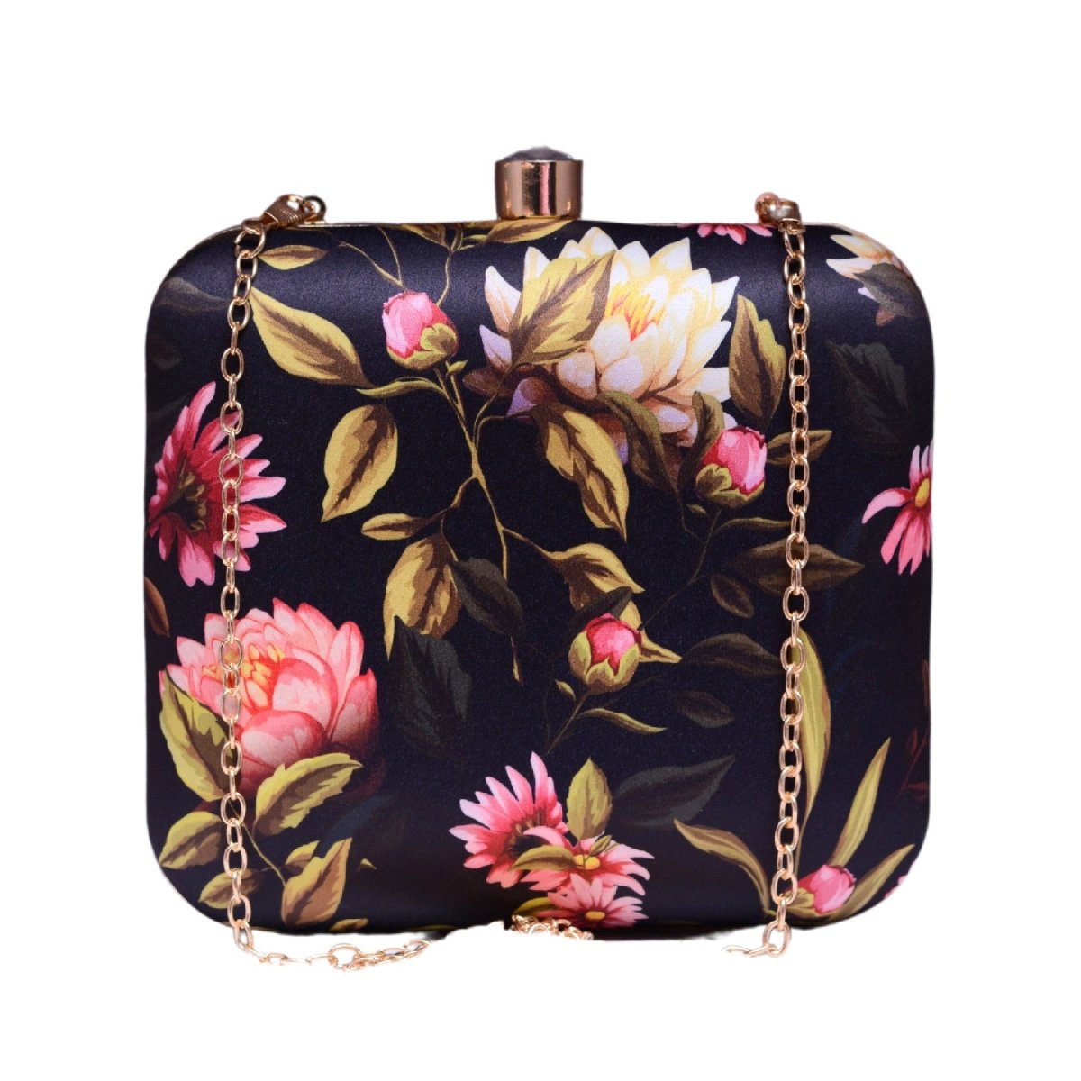 Black Leaf And Floral Printed Name Customised Clutch