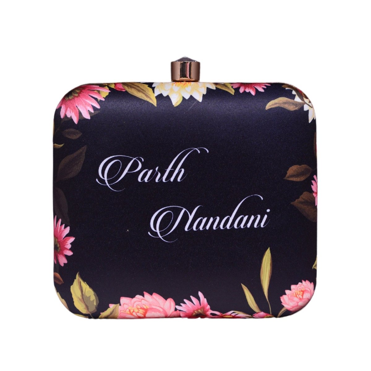 Black Leaf And Floral Printed Name Customised Clutch
