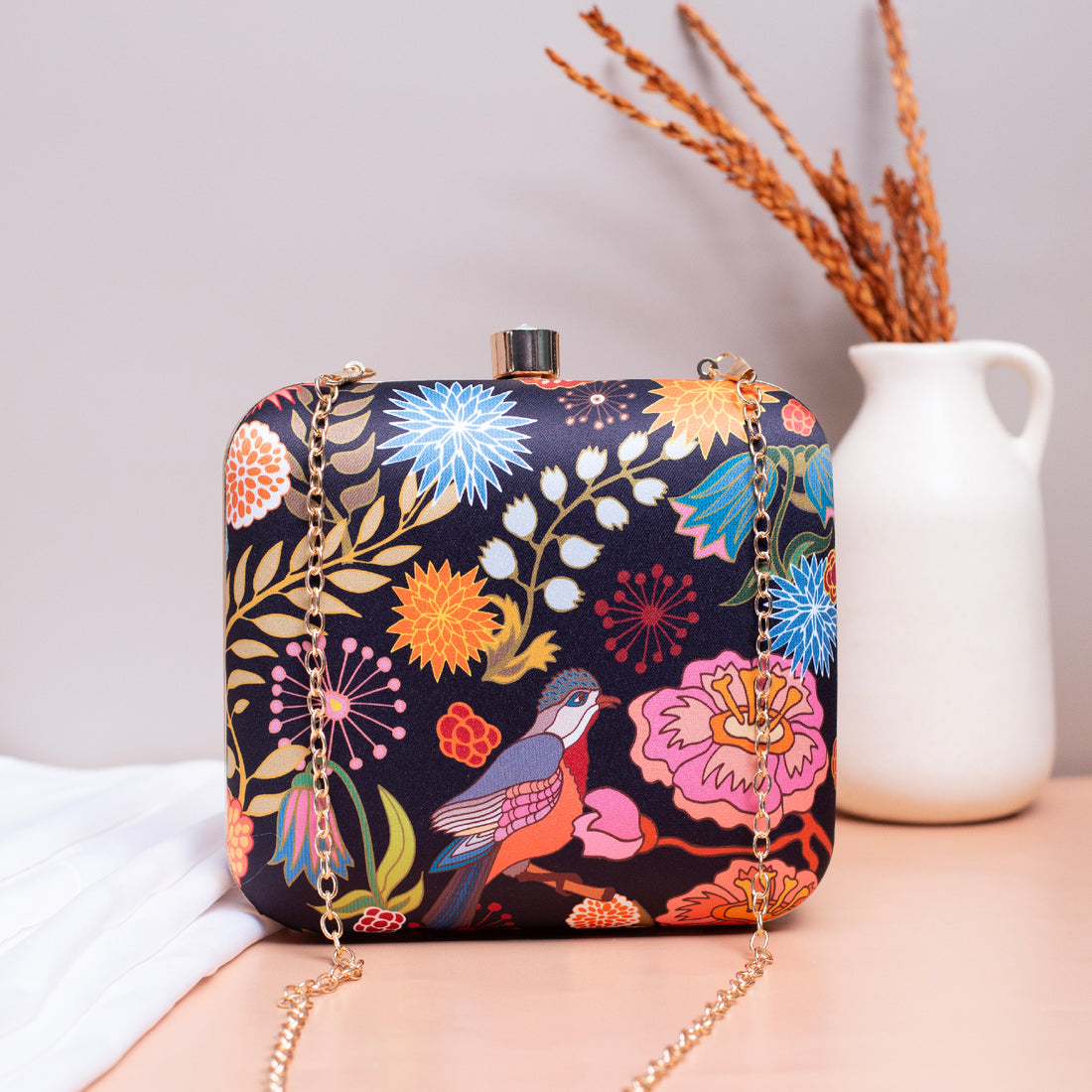 Black Bird And Floral Printed Name Customised Clutch