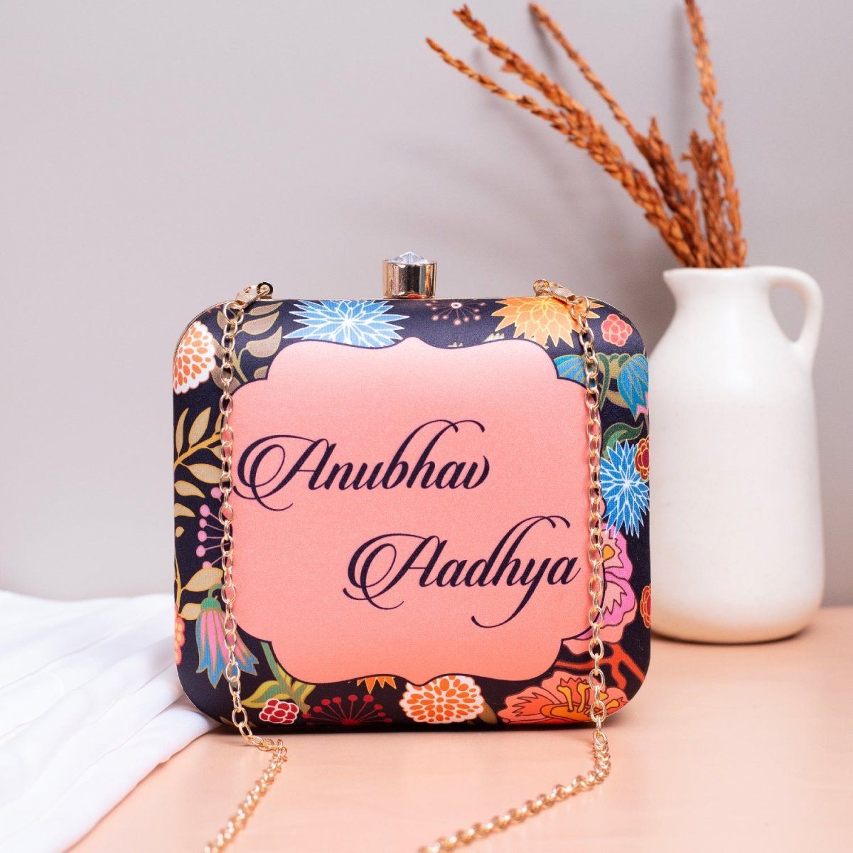 Black Bird And Floral Printed Name Customised Clutch