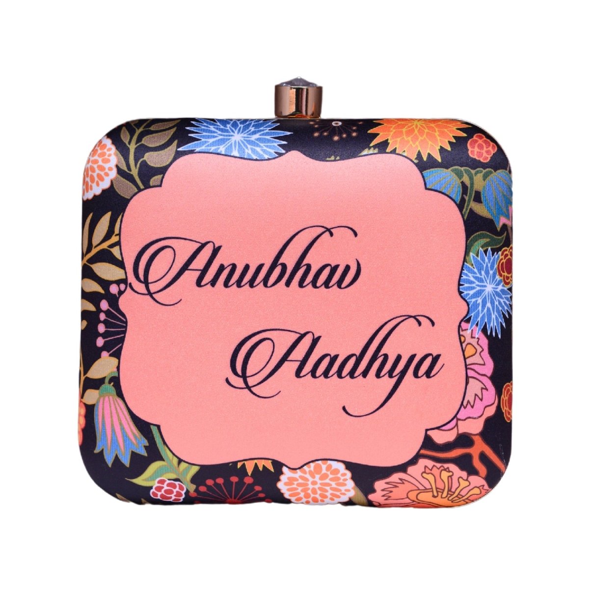 Black Bird And Floral Printed Name Customised Clutch