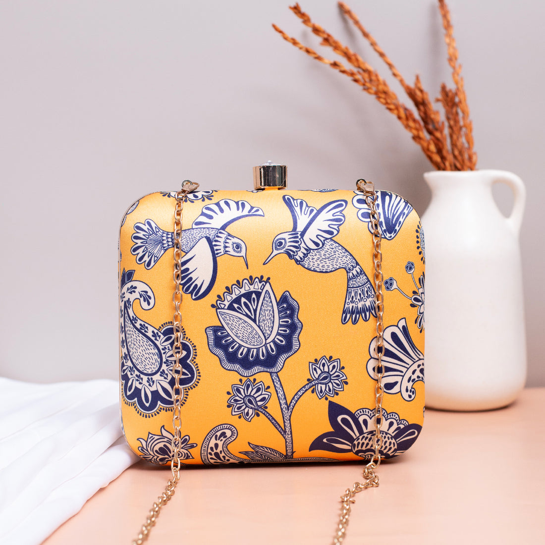 Yellow Birds And Floral Printed Name Customised Clutch