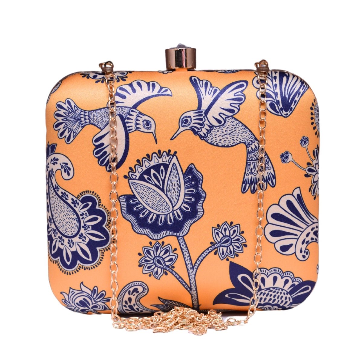 Yellow Birds And Floral Printed Name Customised Clutch