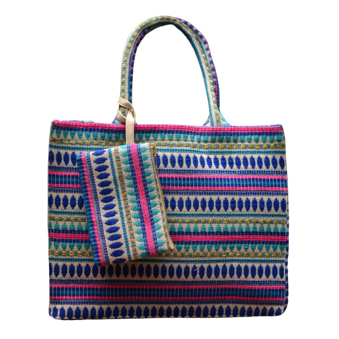 Multicoloured Box Style Tote Bag With A Pouch