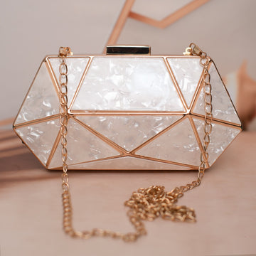 White Acrylic MOP Cutout Hexagon Metal Clutch