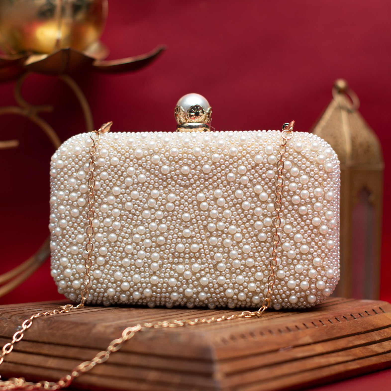 White Stripe Pearl Beaded Evening Clutch