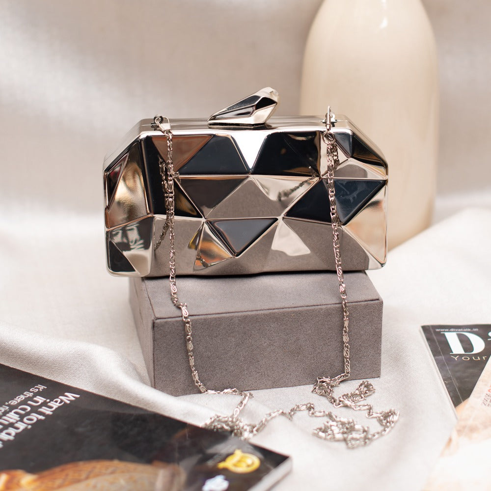 Metallic Silver Hexagon Metal Clutch