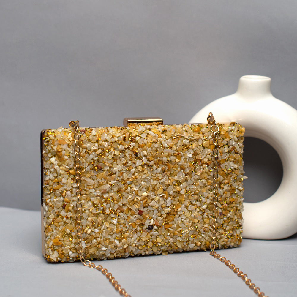 Gold Gravel Stone Metallic Evening Clutch