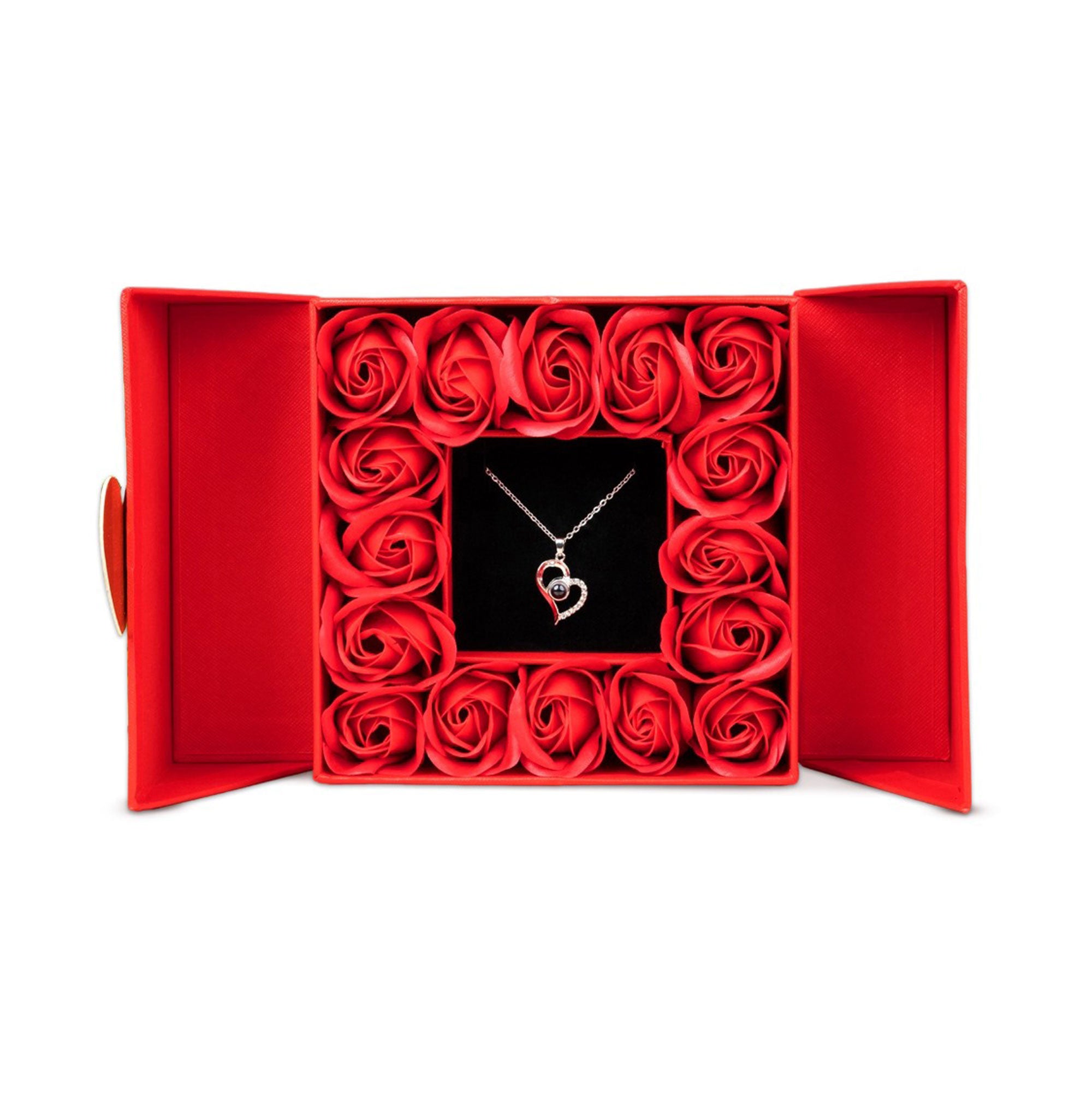 Valentine Special Red Velvet Heart Clutch & Eternal Red Roses Gift Box with Heart Design Necklace