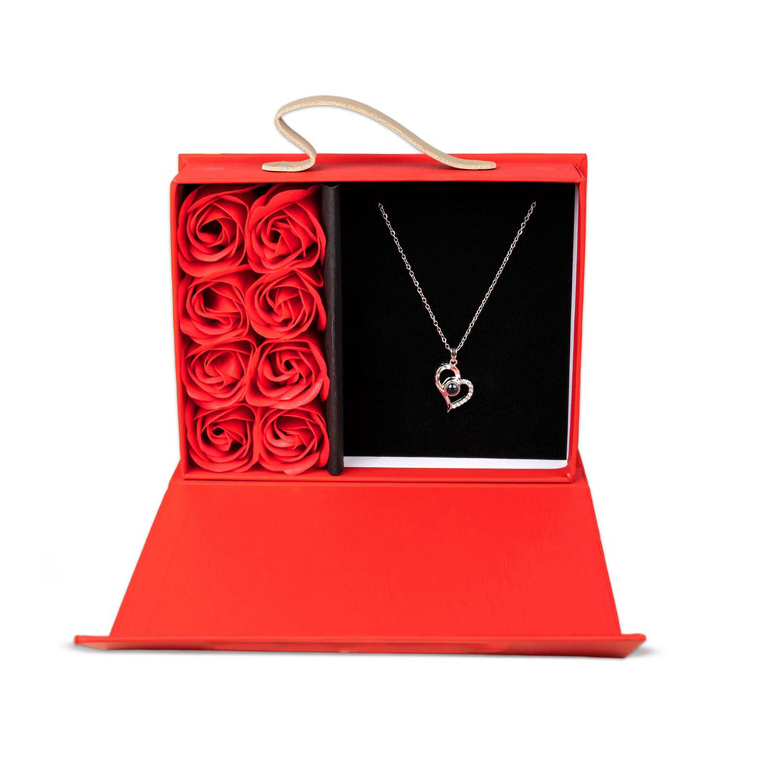 Valentine Special Red Velvet Heart Clutch & Eternal Red Roses Gift Box with Heart Design Necklace