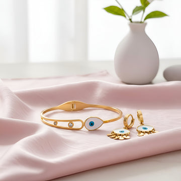 Artklim Evil Eye Anti Tarnish Cuff Bracelet & Earrings Set