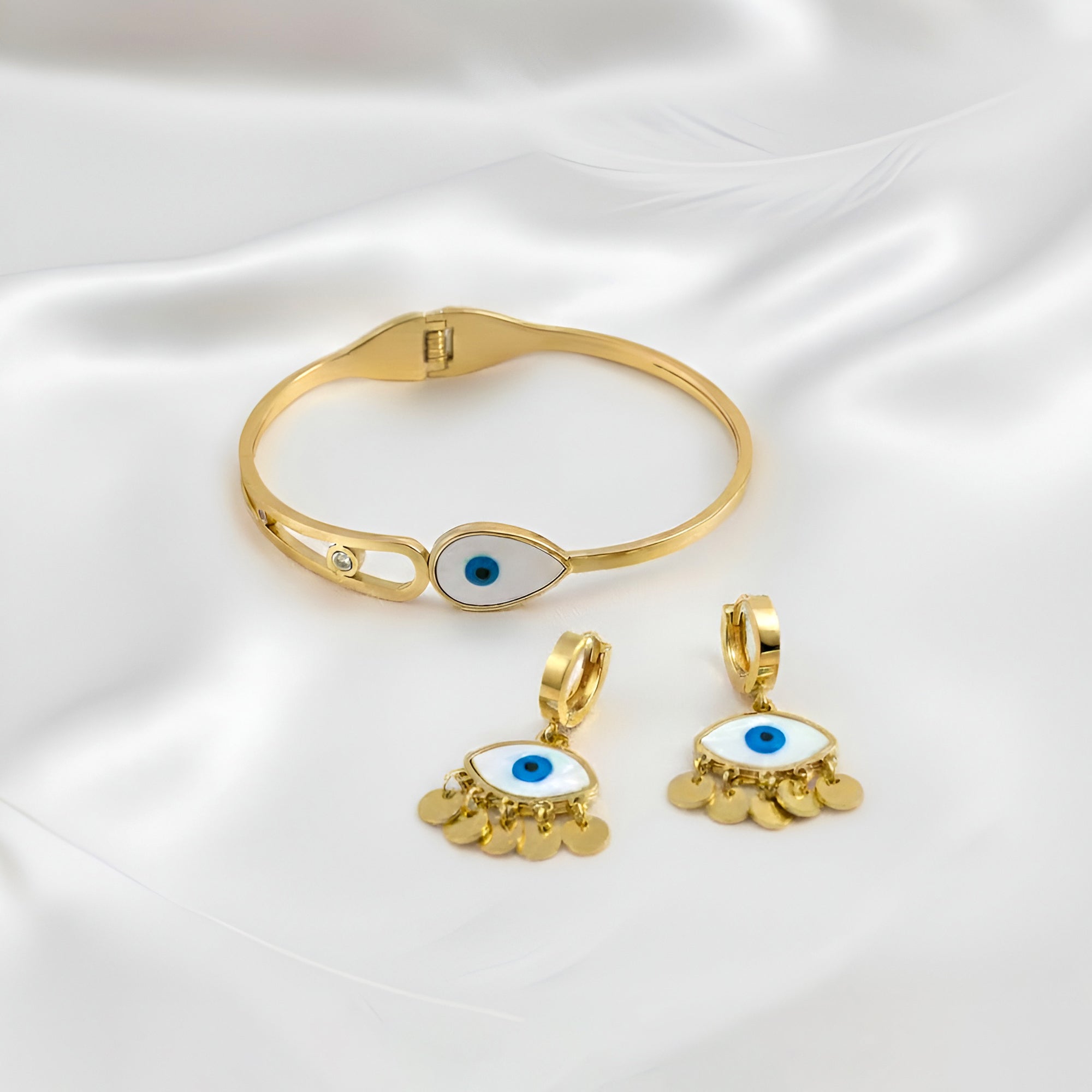 Artklim Evil Eye Anti Tarnish Cuff Bracelet & Earrings Set