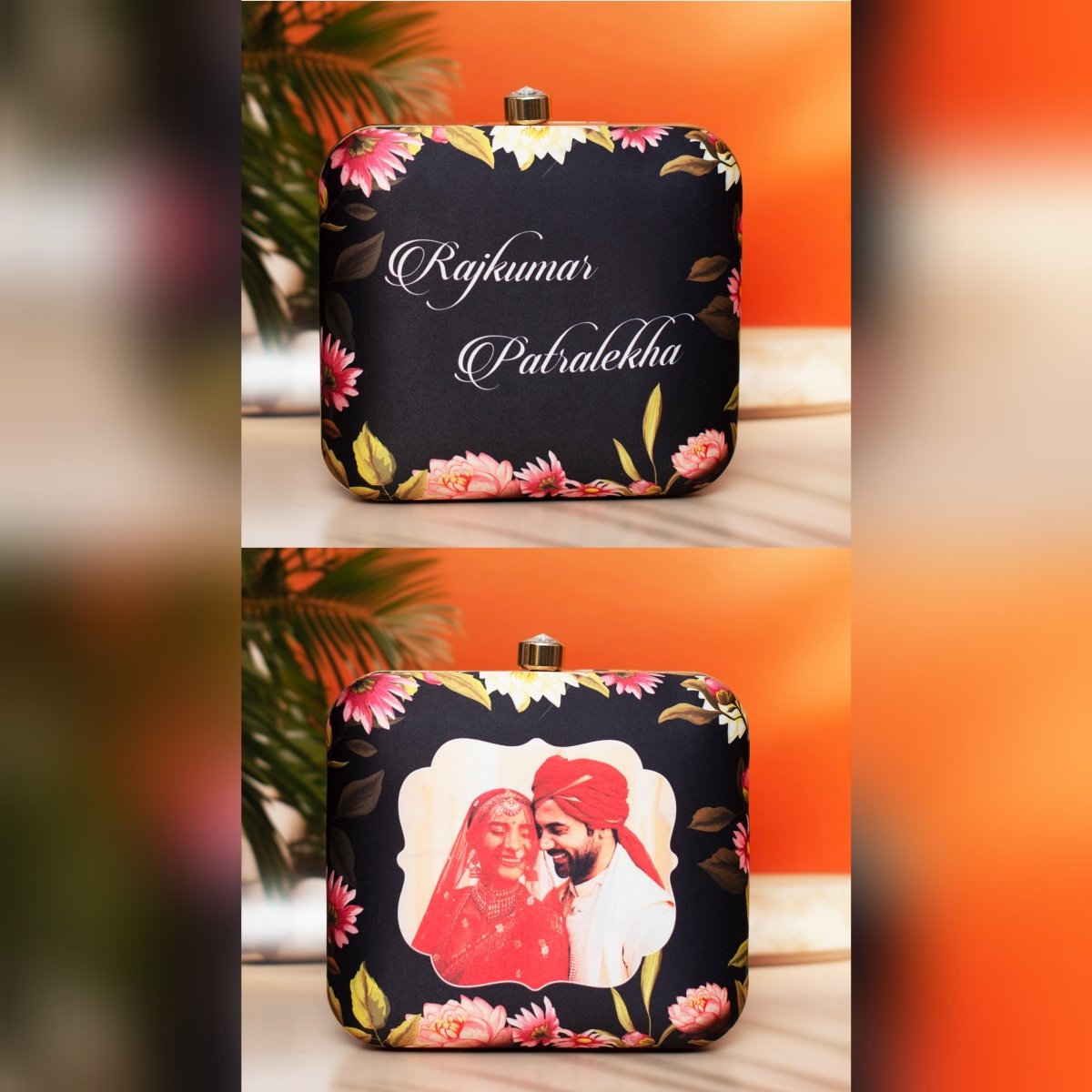 Artklim Black  Based Floral Printed Customized Clutch