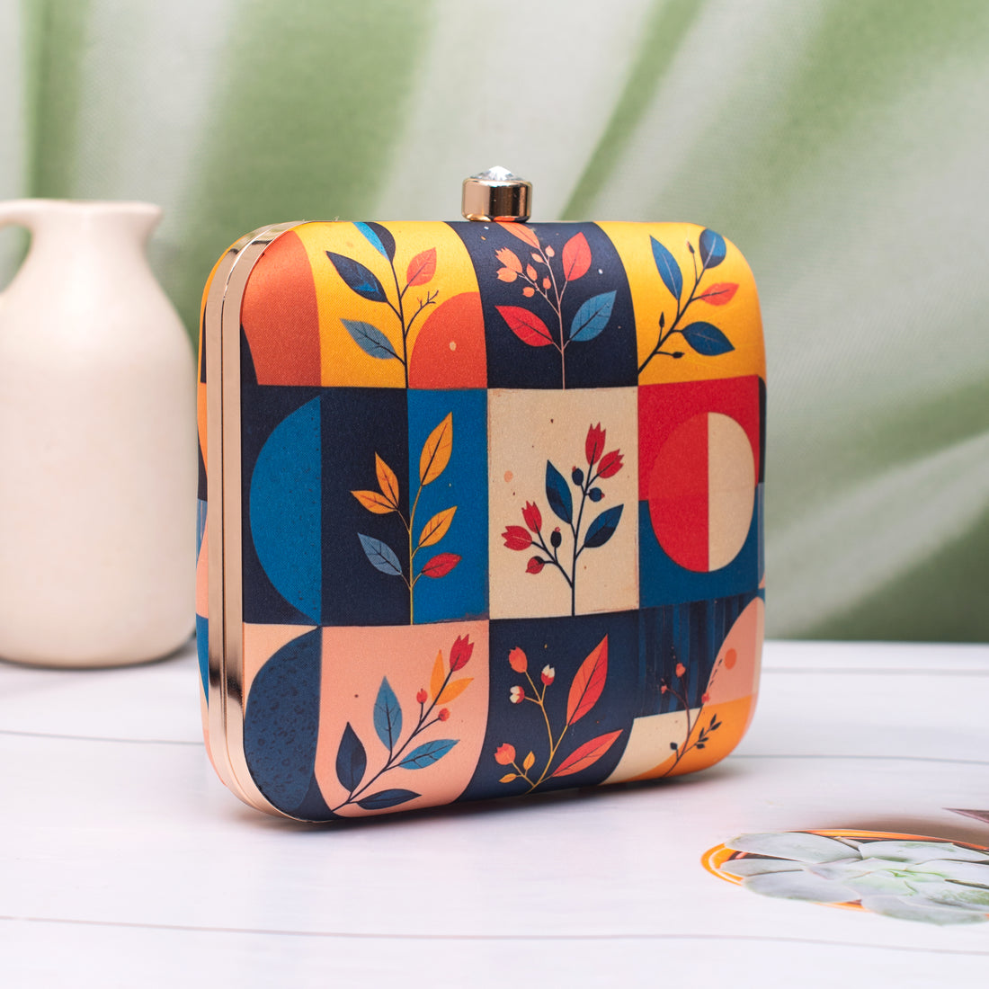 Artklim Color Block Leaf Pattern Portrait Clutch