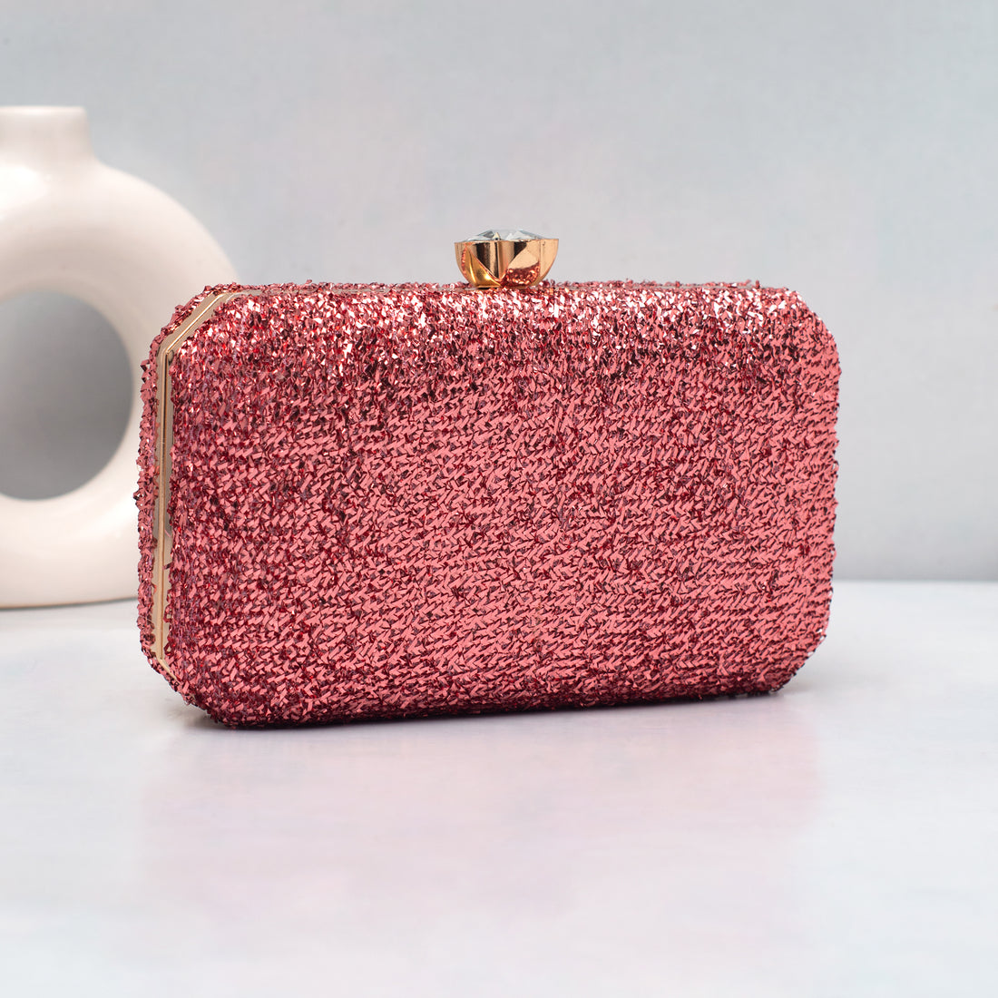 Artklim Rose Pink Shimmer Embroidery Clutch
