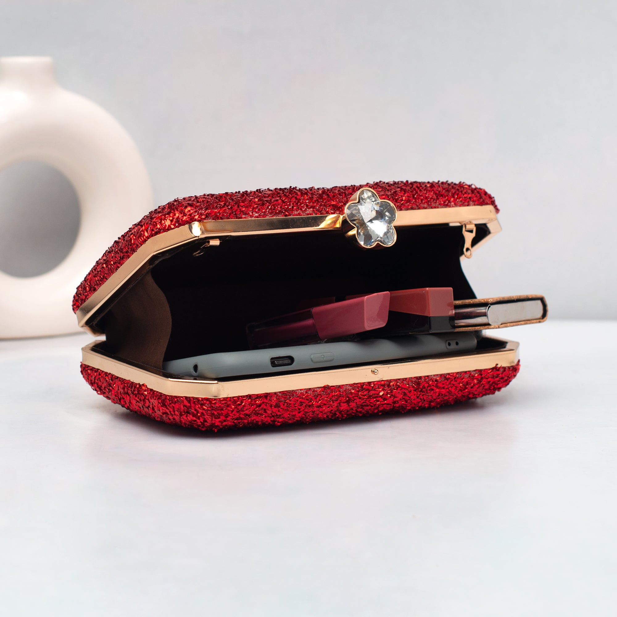 Artklim Red Glitter Embroidery Clutch