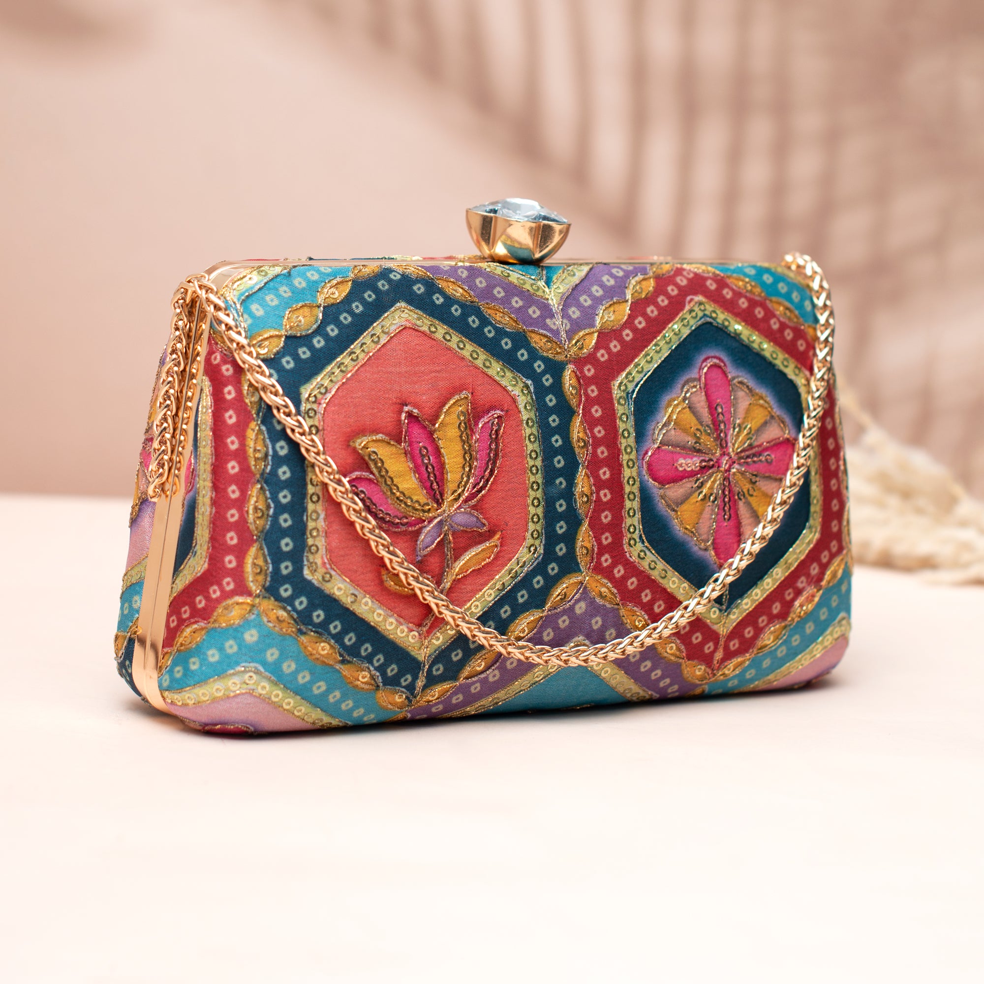 Artklim Turquoise & Multicolor Lotus Motif Clutch