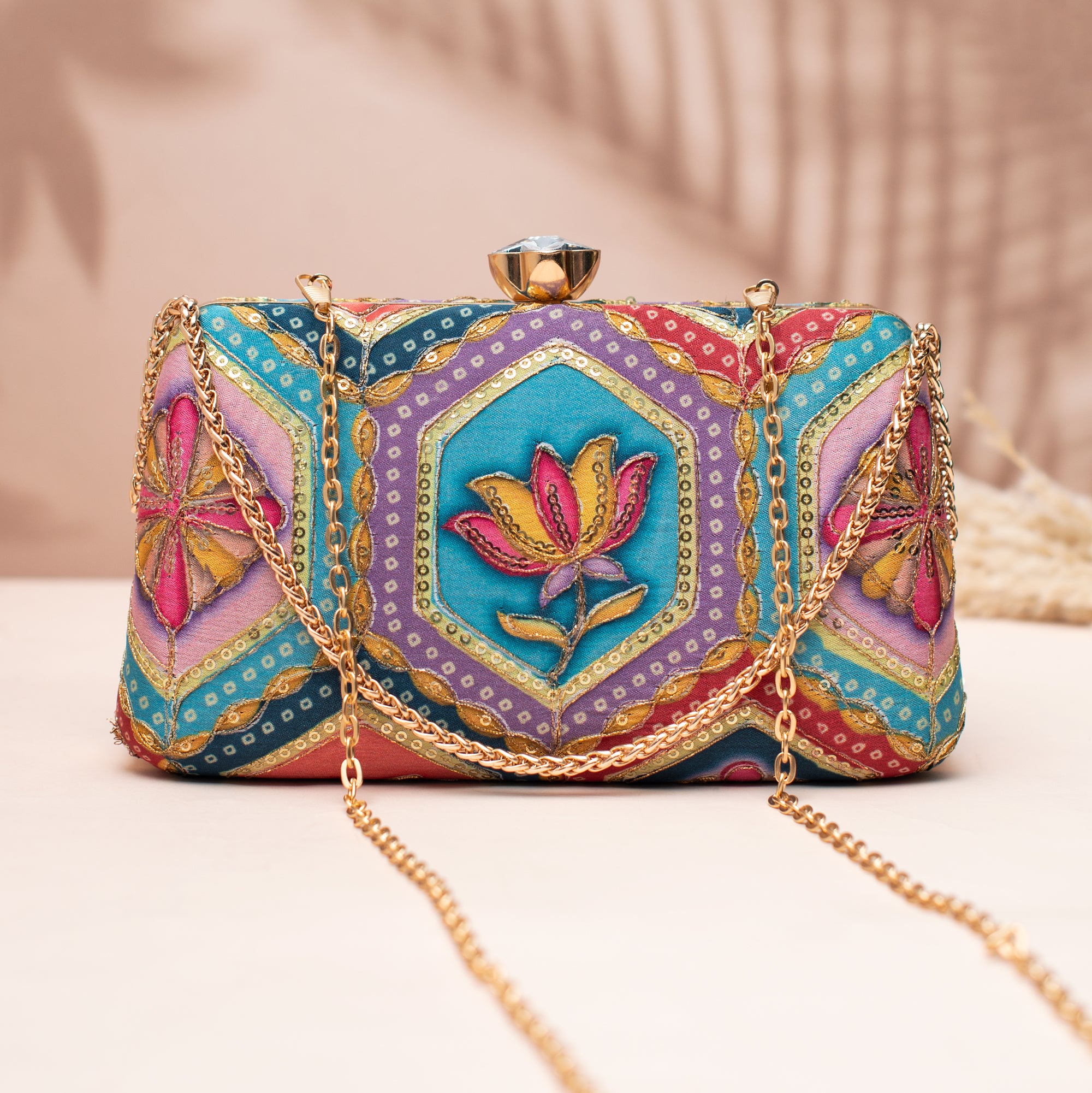 Artklim Turquoise & Multicolor Lotus Motif Clutch
