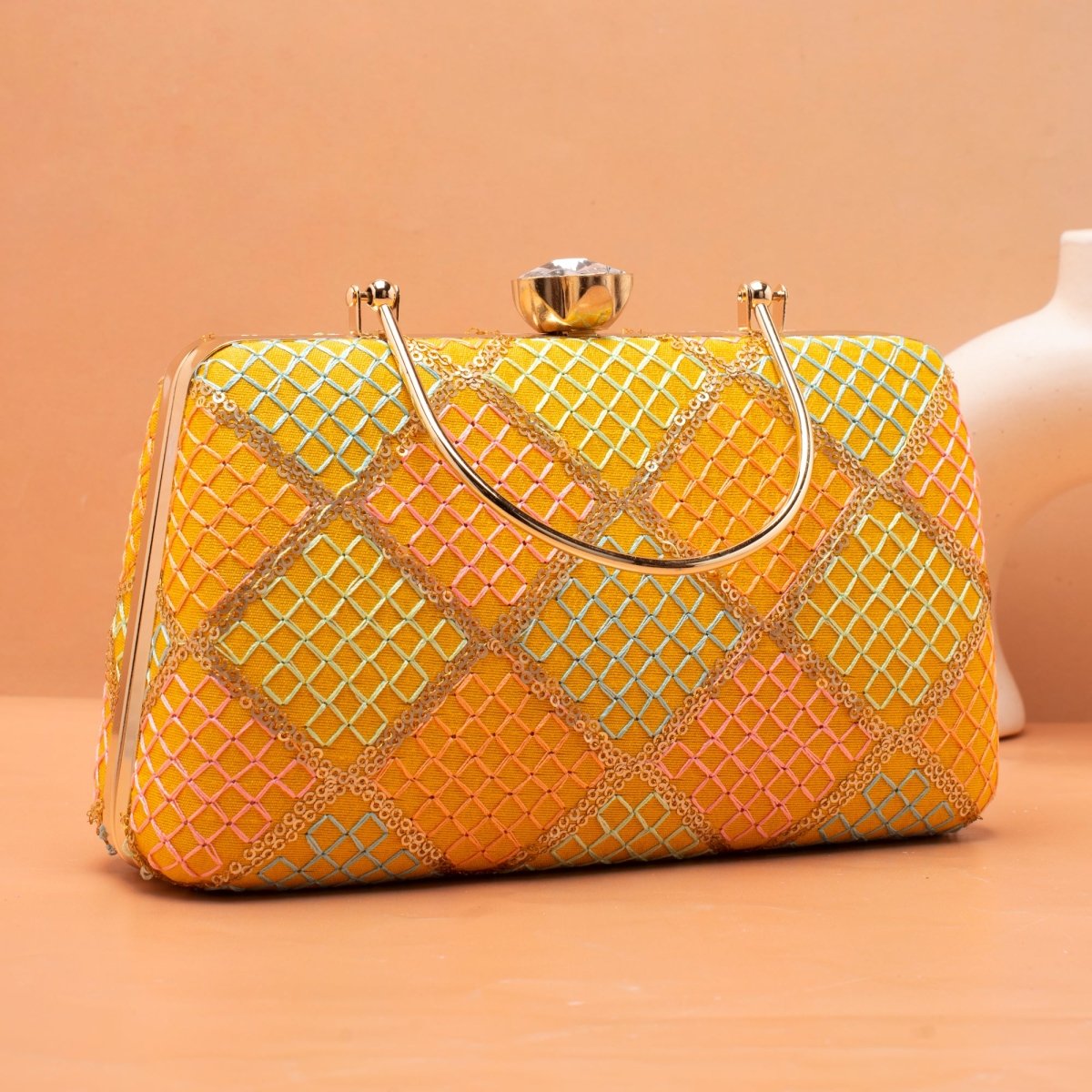 Artklim Yellow Base Multicolored Threadwork Embroidery Clutch