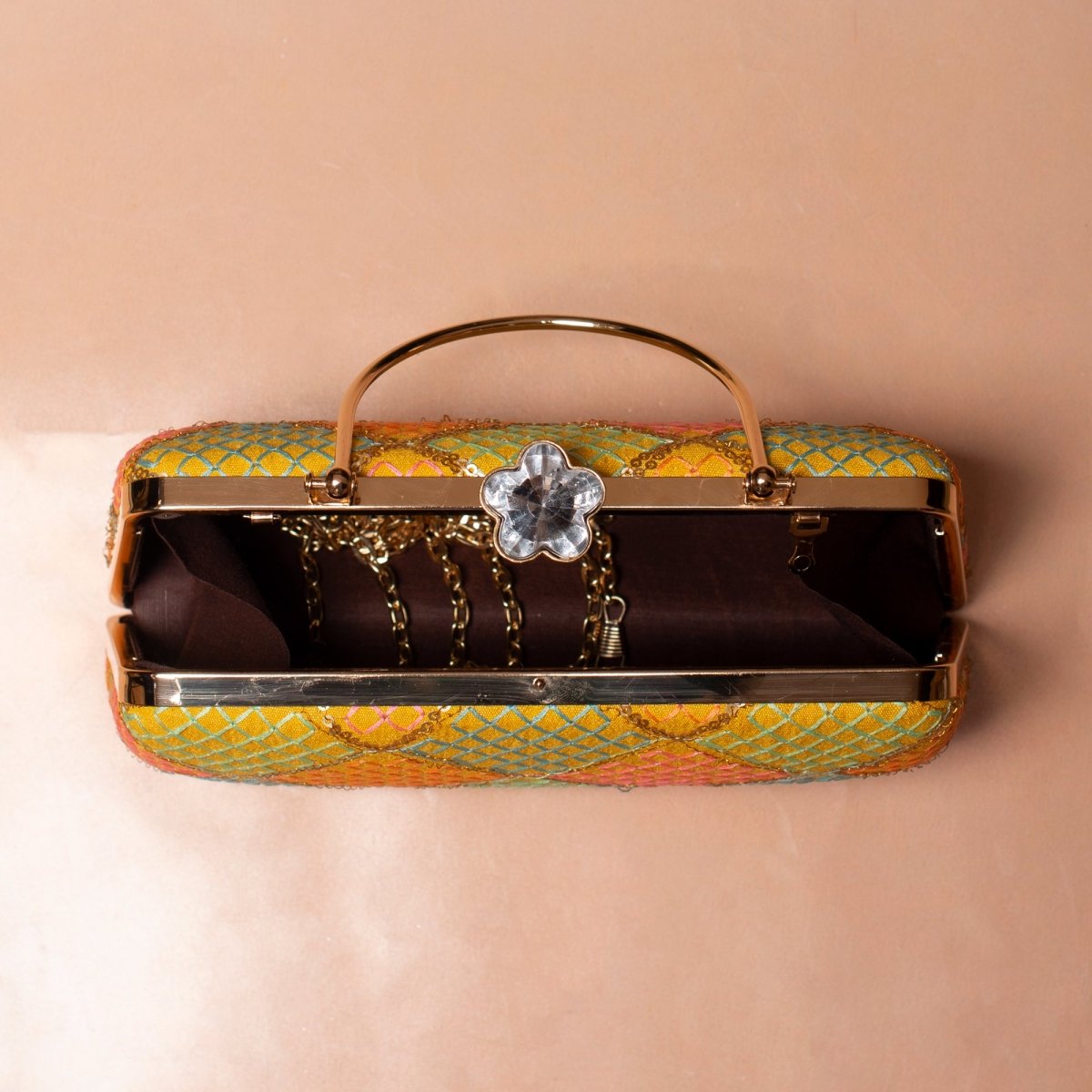 Artklim Yellow Base Multicolored Threadwork Embroidery Clutch