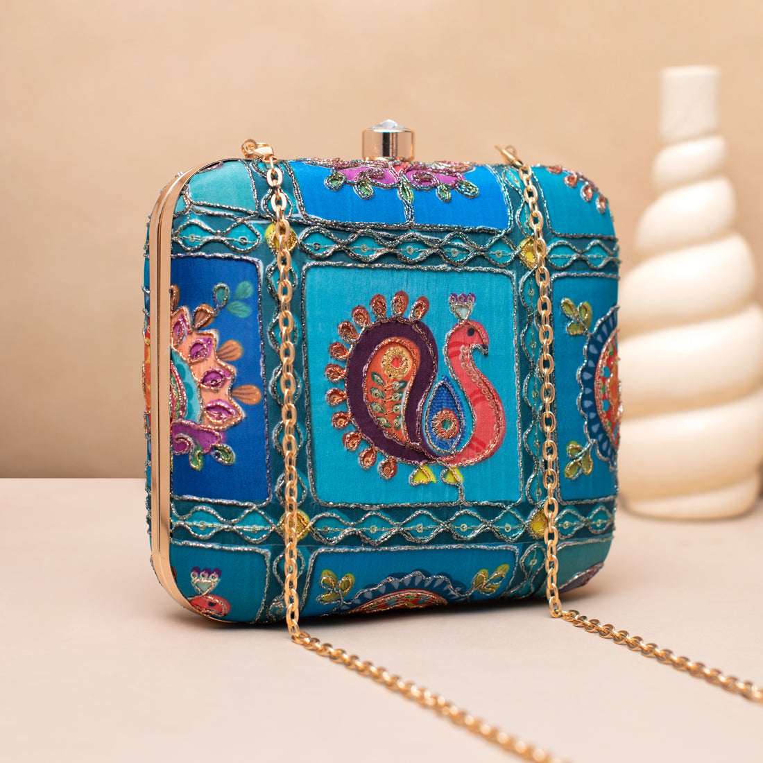 Artklim Royal Blue Heritage Peacock Embroidered Clutch