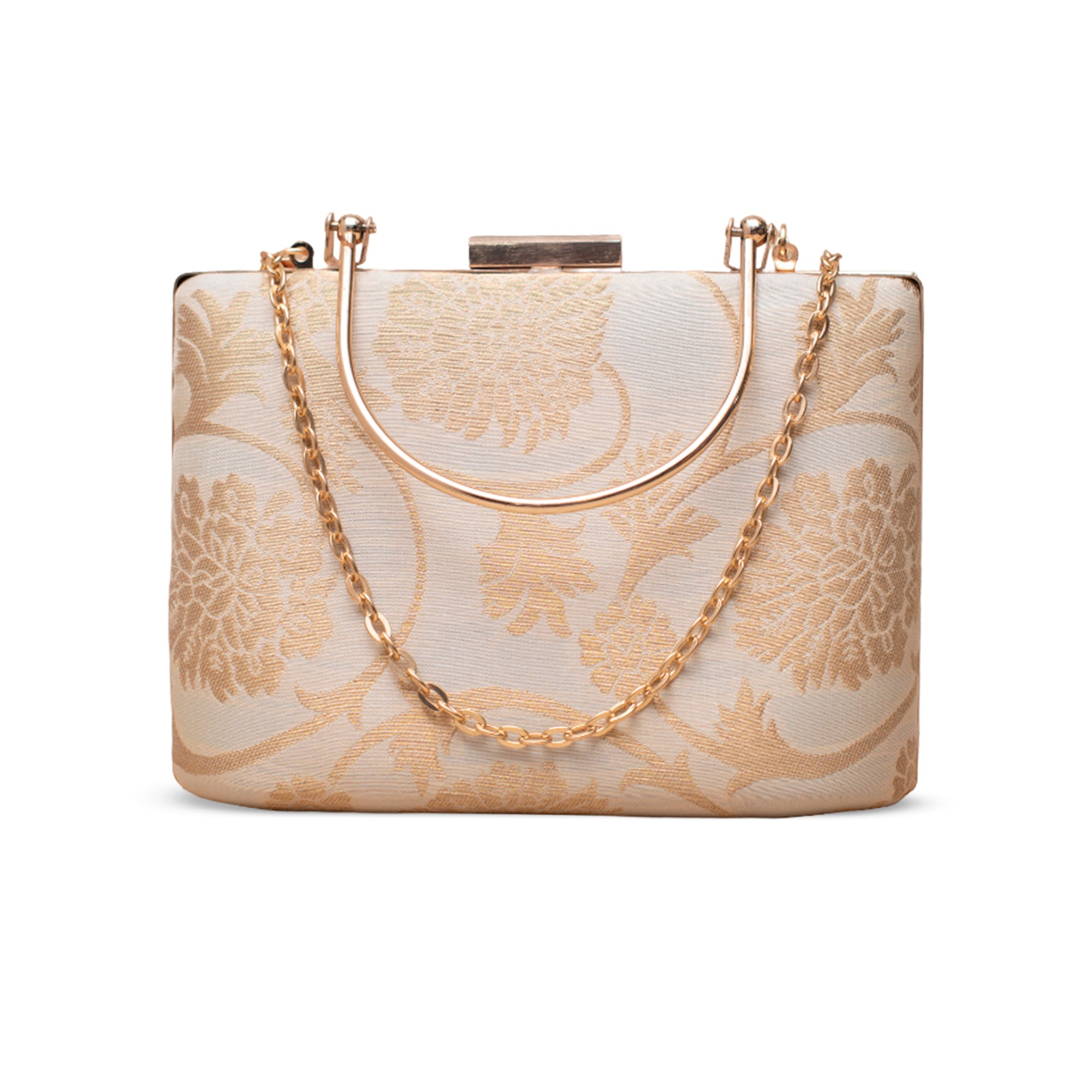 Artklim Champagne Ivory Gold Floral Embroidered Clutch