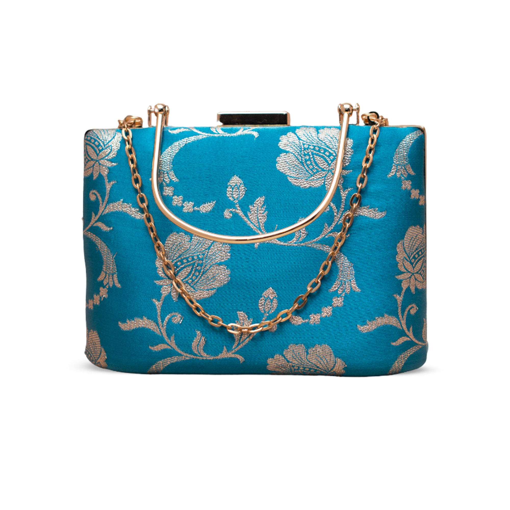 Artklim Sky Blue Gold Floral Embroidered Clutch