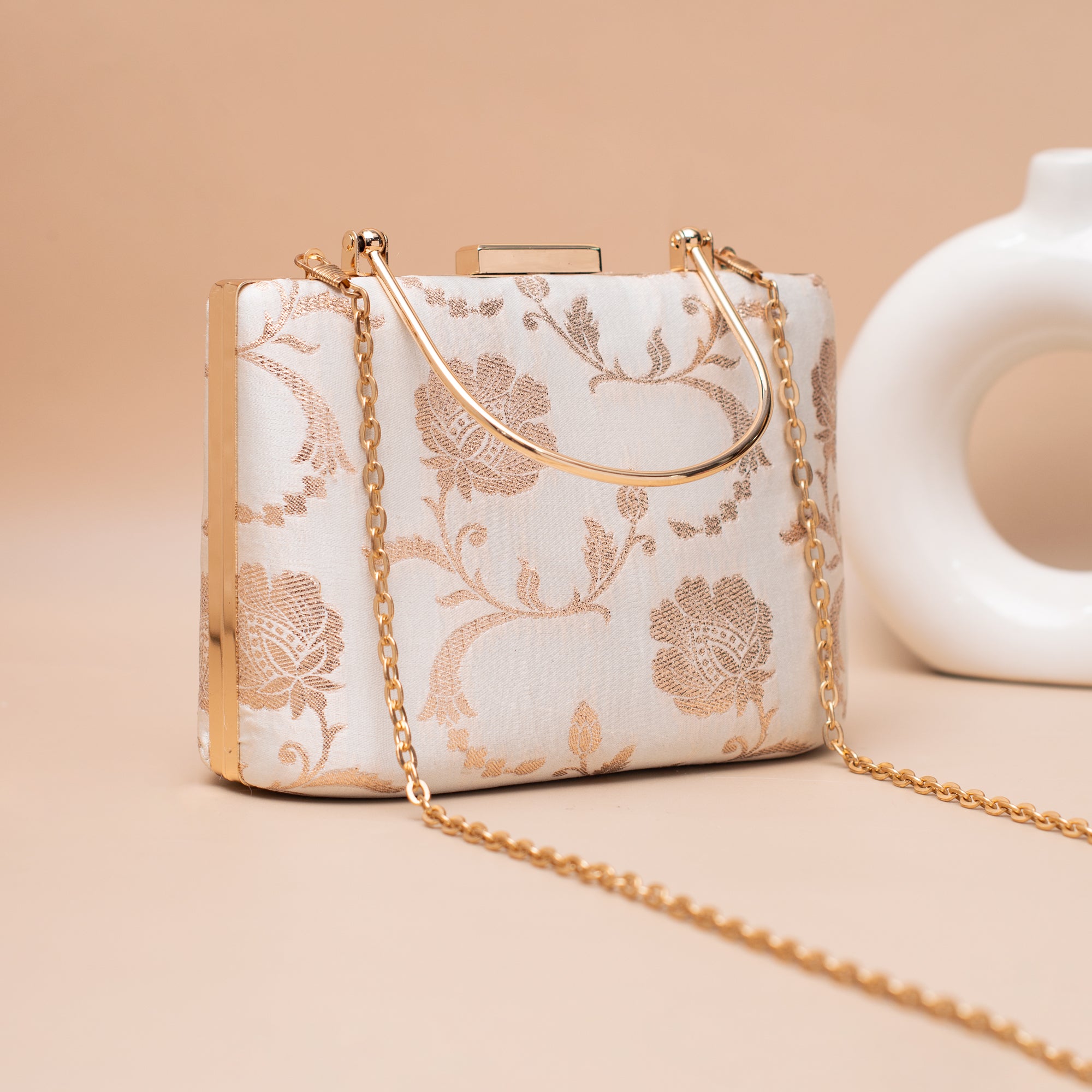 Artklim Ivory White Gold Embroidered Clutch