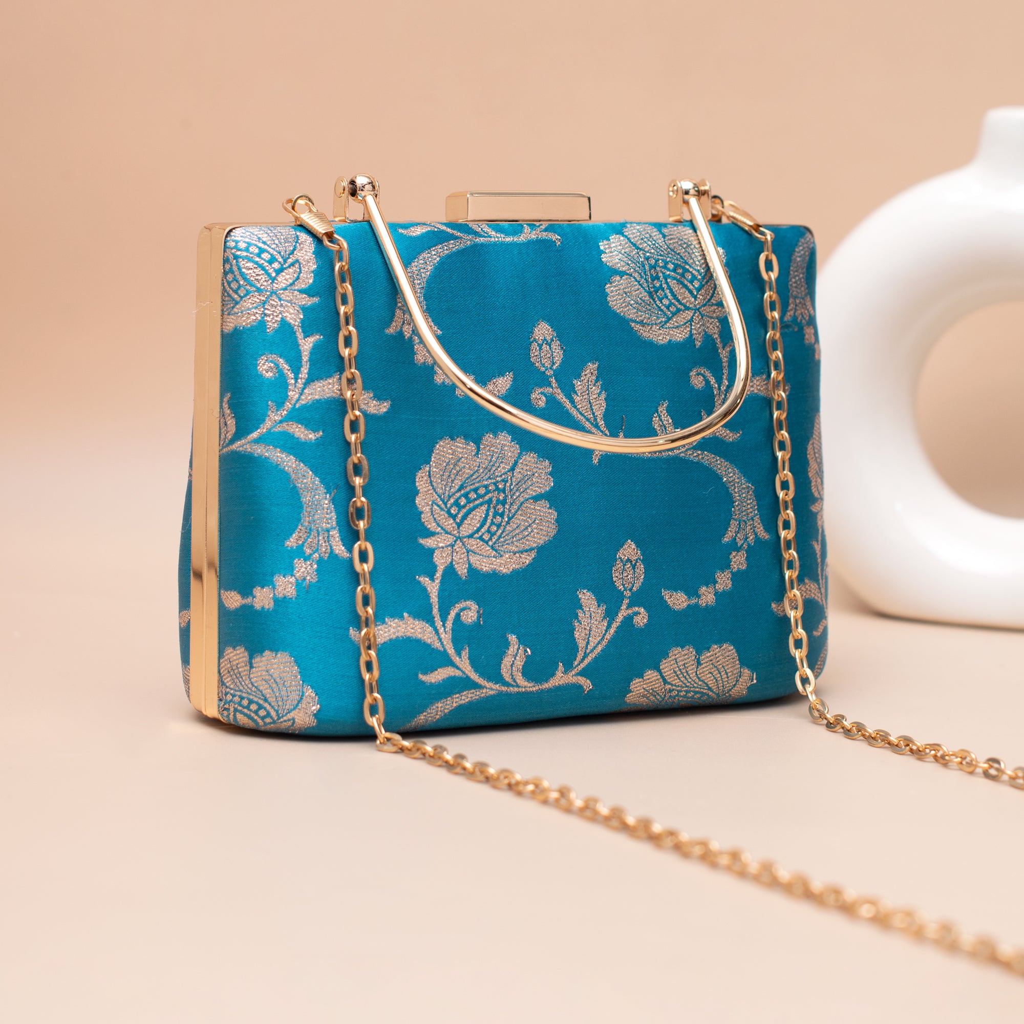 Artklim Sky Blue Gold Floral Embroidered Clutch