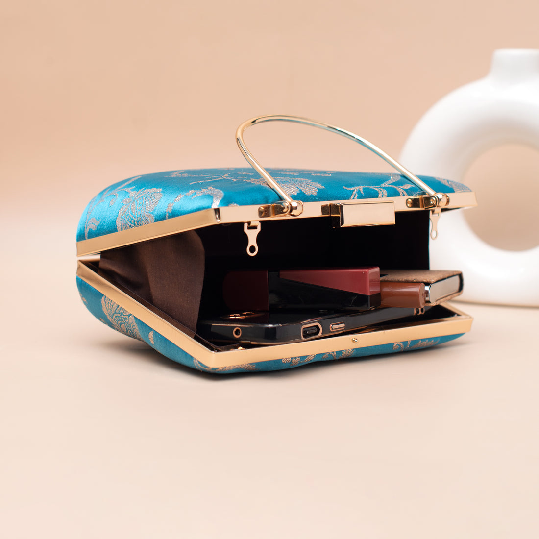 Artklim Sky Blue Gold Floral Embroidered Clutch