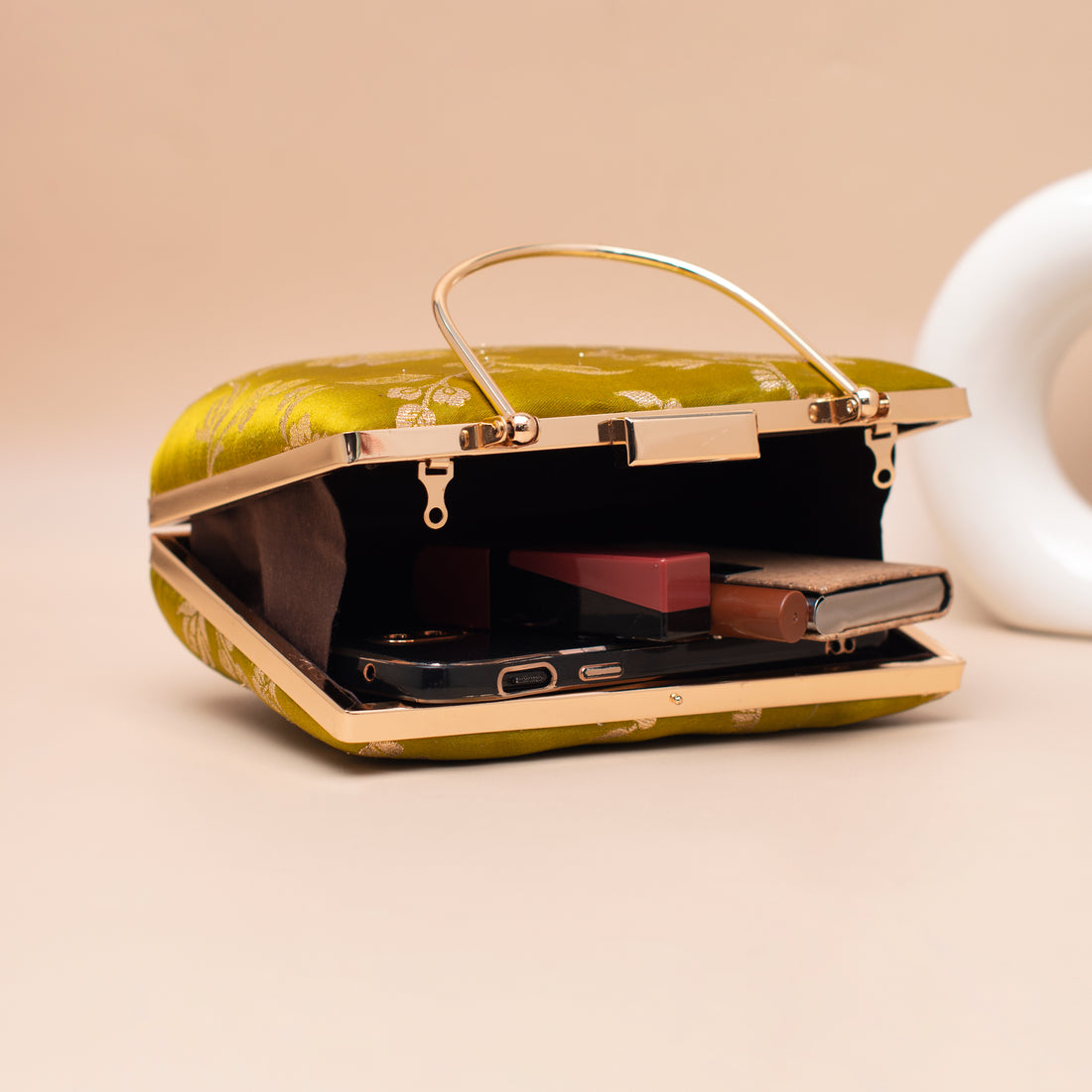 Artklim Lime Green Gold Floral Embroidered Clutch