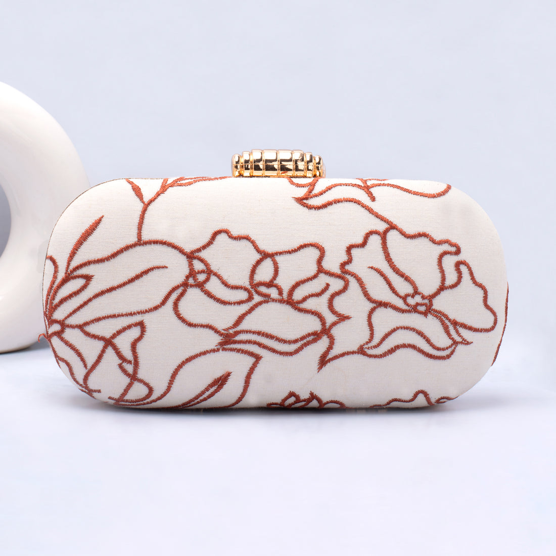 Artklim Off White Base Brown Threadwork Embroidery Capsule Clutch