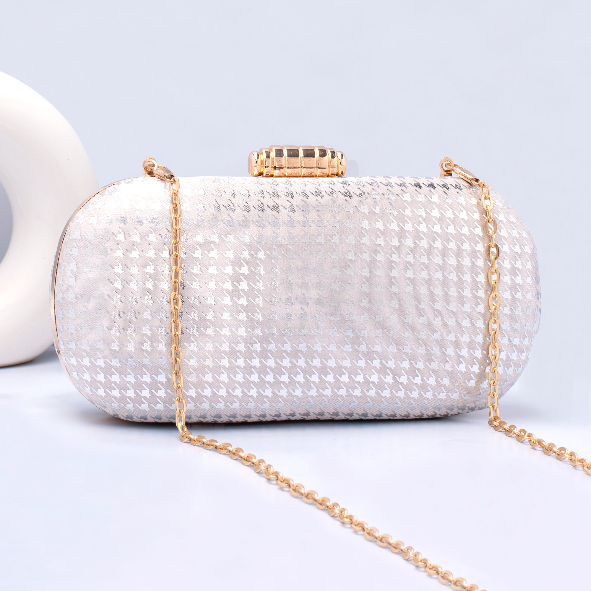 Artklim Silver Based Shiny Fabric Capsule Clutch