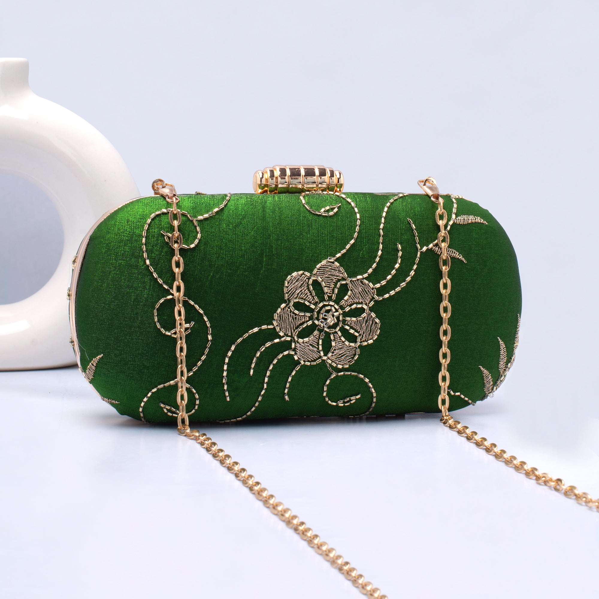 Artklim Green Floral Embroidered Clutch 